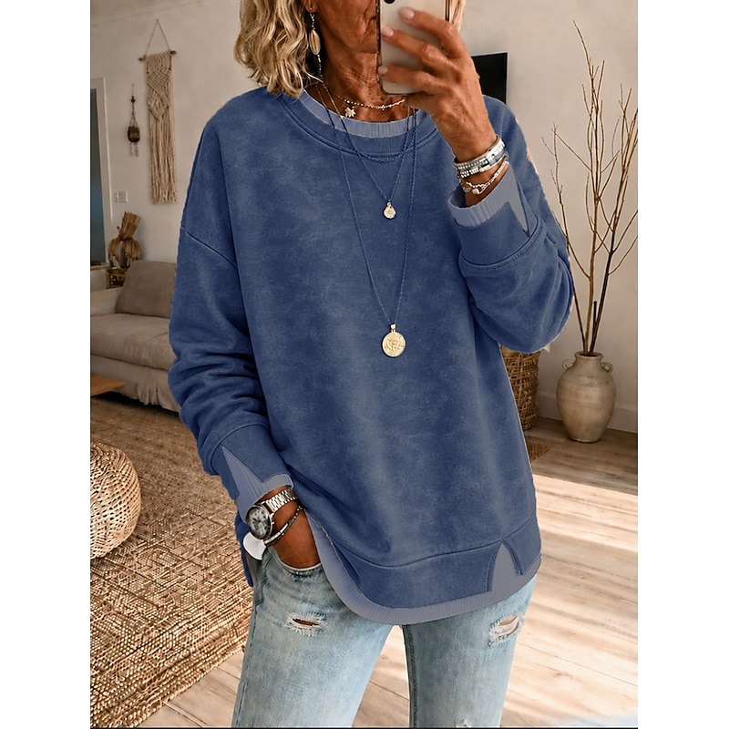 Women's Washed Cotton Pullover Sweatshirt Pullover Patchwork Casual Long Sleeve Crew Neck Long Tops Casual Blue khaki Summer Spring Fall 2026 - $36.99