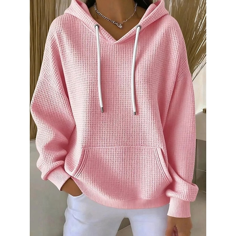 Women's Waffle Sweatshirts Pullover Hoodie Sweatshirt Pocket Plain Casual Long Sleeve Hooded Regular Tops Blue White Pink Gray Spring Fall Winter 2026