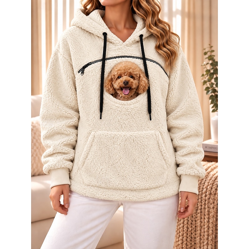 Women's Pet Carrier Hoodie Pet Pouch Hoodie Fleece Drawstring Zip Up Pocket Plain Casual Long Sleeve Hooded High Neck Regular Tops Blue White Ash Blac