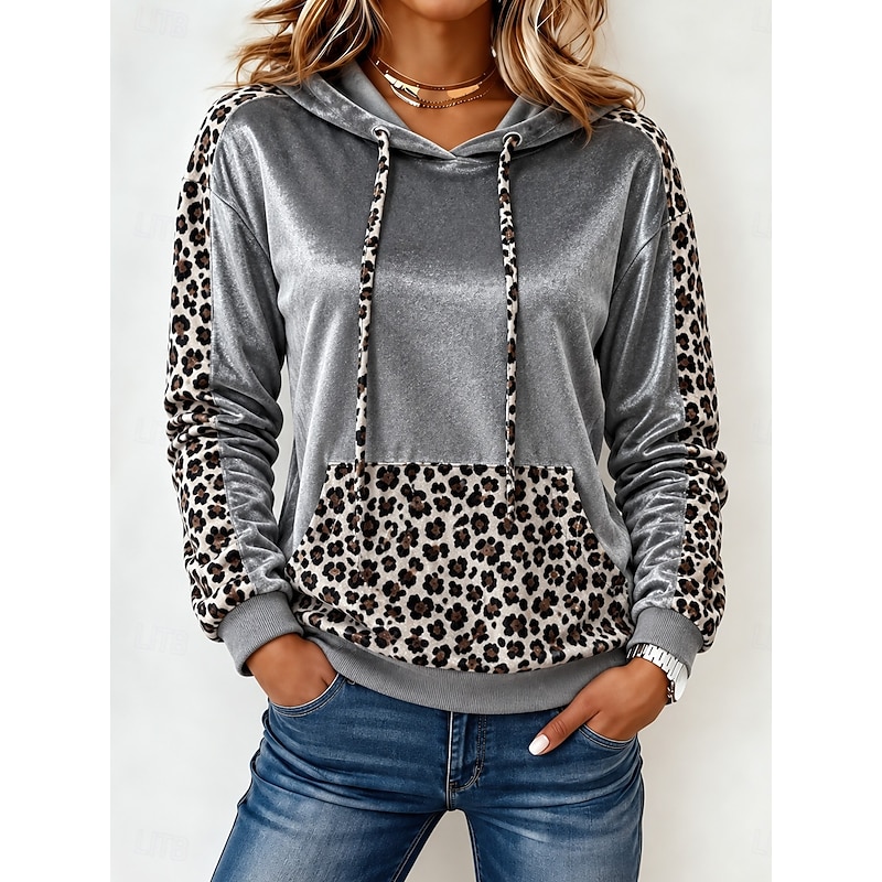 Women's Pullover Hoodie Sweatshirt Patchwork Graphic Leopard Fashion Casual Long Sleeve Hooded Regular Tops Casual Grey Fall Winter 2026 - $34.99