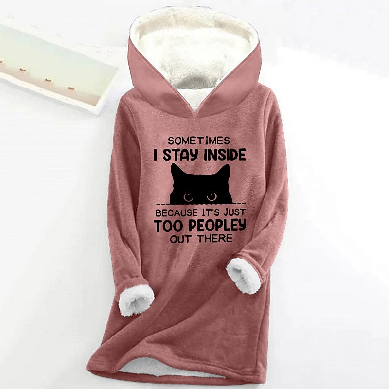 Women's Hoodie Sweatshirt Pullover Sherpa Cat Letter Casual Sports Print Warm Fuzzy Comfrt Hoodie Long Sleeve Top Micro-elastic Fall & Winter Comfrt B