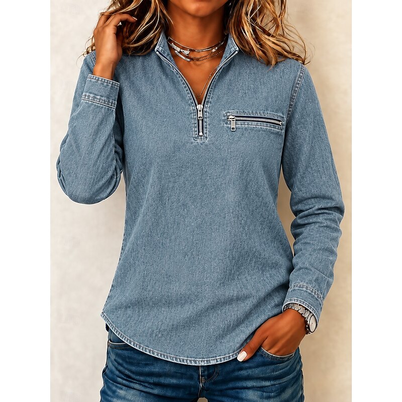 Women's Denim Hoodie Plain Vintage Casual Long Sleeve Half Zip Regular Tops Casual Work Holiday Blue Fall Winter 2026 - $34.99