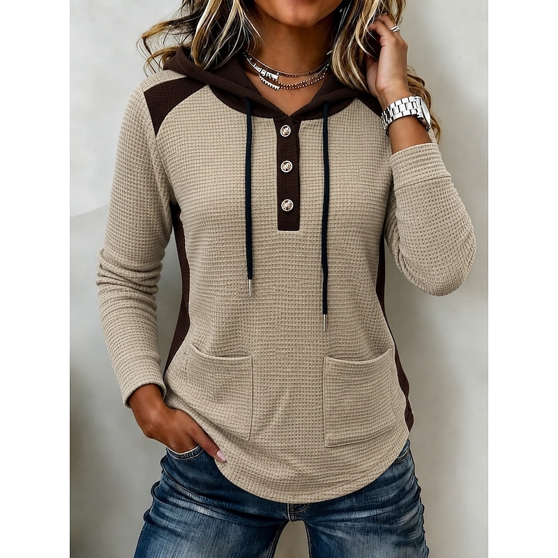 Women's Waffle Hoodies Waffle Sweatshirts Pullover Hoodie Sweatshirt Drawstring Buttons Front Pocket Color Block Casual Long Sleeve Hooded Regular Top
