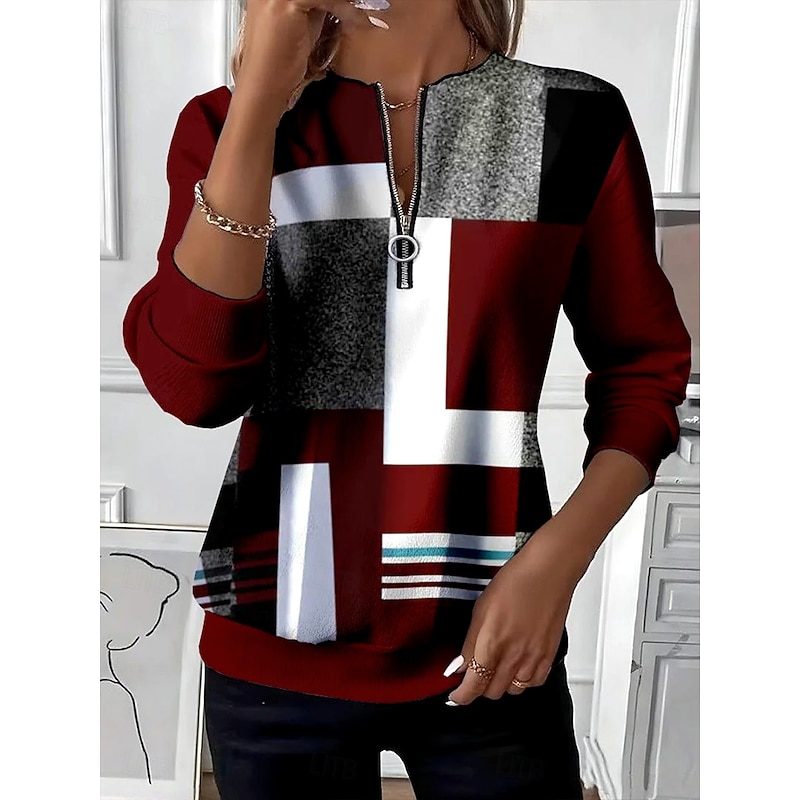 Women's Pullover Sweatshirt Zip Up Sweatshirts Patchwork Zipper Print Graphic Geometric Color Block Fashion Casual Long Sleeve Crew Neck Regular Tops