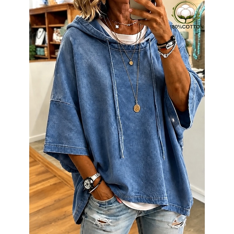 Women's Washed Cotton 100% Cotton Pullover Hoodie Sweatshirt Vintage Western 3/4 Length Sleeve Hooded Long Tops Casual Home Street Blue Black Spring F