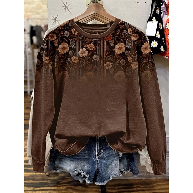 Women's Pullover Sweatshirt Floral Graphic Casual Long Sleeve Crew Neck Regular Tops Casual Home Work Brown Fall Winter 2026 - $28.99