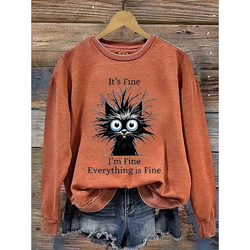 Women's Pullover Sweatshirt Print Graphic Cat Letter Fashion Casual Long Sleeve Crew Neck Regular Tops Casual Street Dailywear Blue Purple Orange Gree
