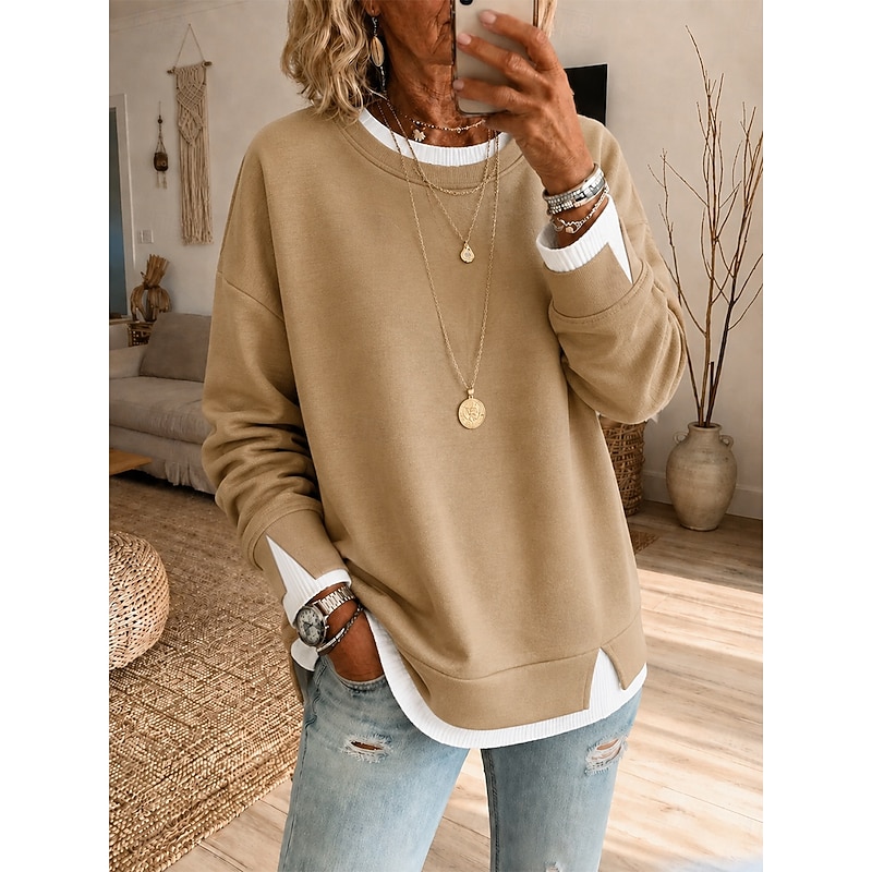 Women's Textured Pullover Sweatshirt Pullover Patchwork Casual Long Sleeve Crew Neck Regular Tops Casual Black Khaki Gray Summer Spring Fall 2026 - $1