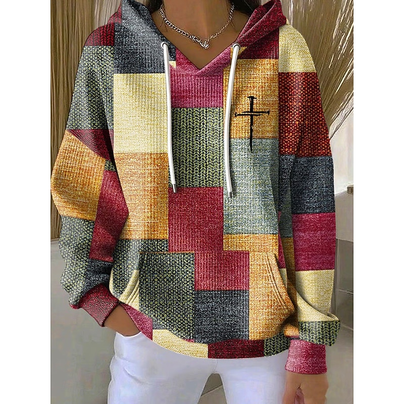 Women's Pullover Hoodie Sweatshirt Print Front Pocket Graphic Geometric Warm Vintage Casual Long Sleeve Hooded Regular Tops Casual Street Dailywear Pi