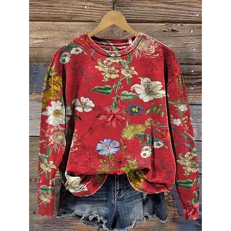 Women's Pullover Sweatshirt Print Floral Graphic Warm Active Vintage Long Sleeve Crew Neck Regular Tops Casual Street Dailywear Blue Black Red Purple
