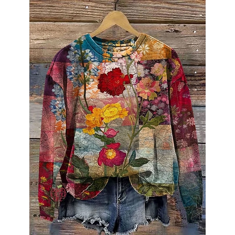 Women's Pullover Sweatshirt Patchwork Floral Graphic Casual Long Sleeve Crew Neck Regular Tops Casual Home Work Red Spring Fall Winter 2026 - $28.99