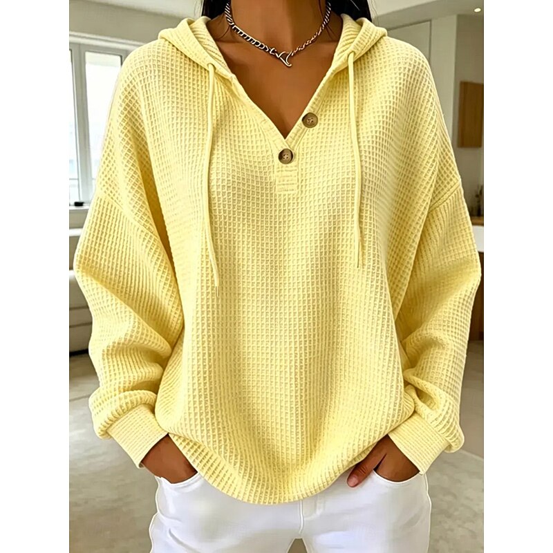 Women's Waffle Sweatshirts Textured Pullover Hoodie Sweatshirt Waffle Knit Tops Drawstring Pocket Buttons Plain Casual Long Sleeve V Neck Hooded Long