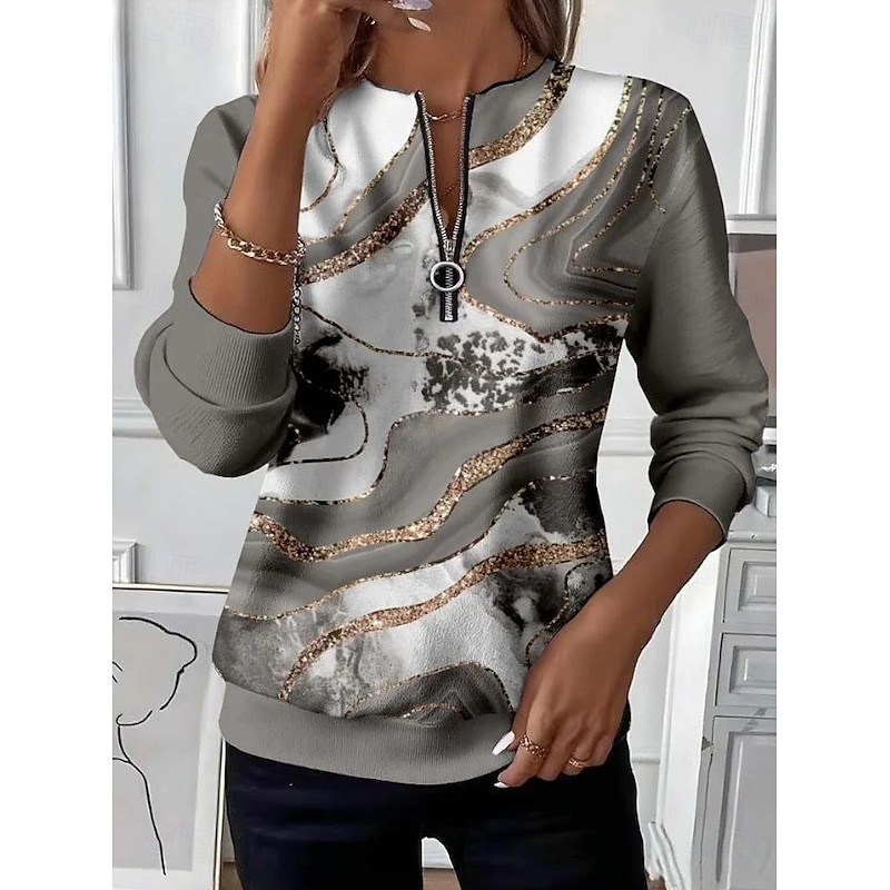 Women's Pullover Sweatshirt Zip Up Sweatshirts Patchwork Zipper Print Graphic Geometric Abstract Fashion Casual Long Sleeve Crew Neck Regular Tops Str
