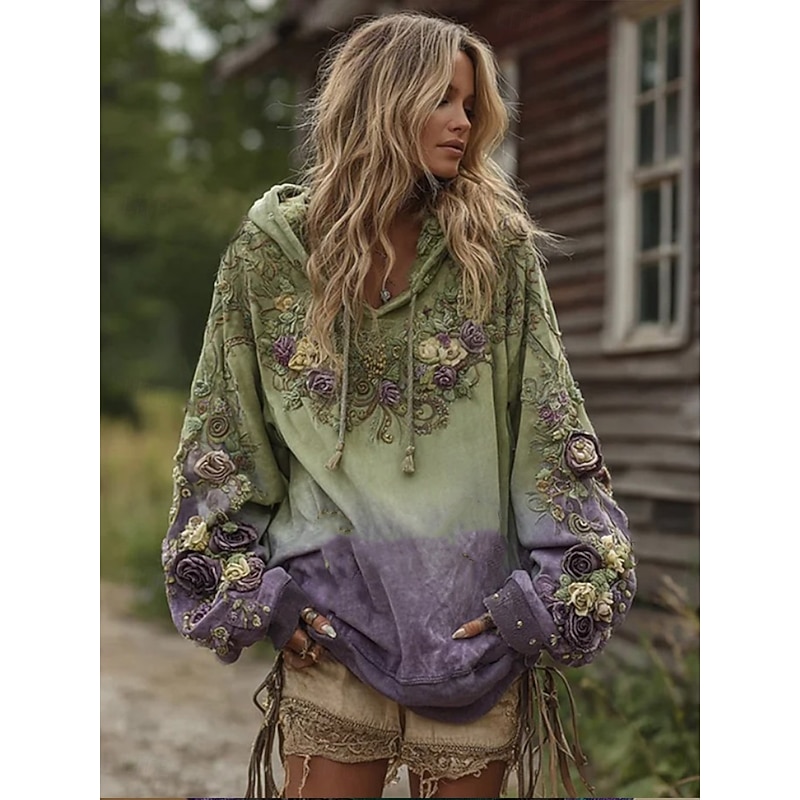 Women's 3D Print Vintage Boho Hoodie Patchwork Hoodie Sweatshirt Floral Pullover Sweatshirt Oversized Casual Warm Active Hooded Street Dailywear Patch
