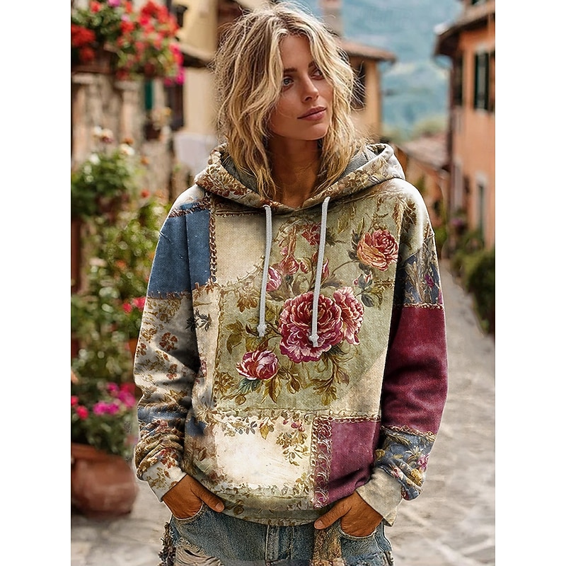 Women's 3D Print Vintage Boho Hoodie Patchwork Hoodie Sweatshirt Floral Pullover Sweatshirt Oversized Warm Active Hooded Street Dailywear Patchwork Bl