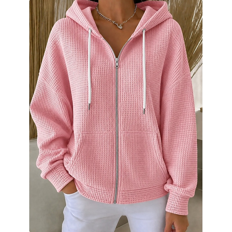 Women's Waffle Sweatshirts Textured Pullover Hoodie Sweatshirt Waffle Knit Tops Drawstring Pocket Buttons Plain Casual Long Sleeve V Neck Hooded Long