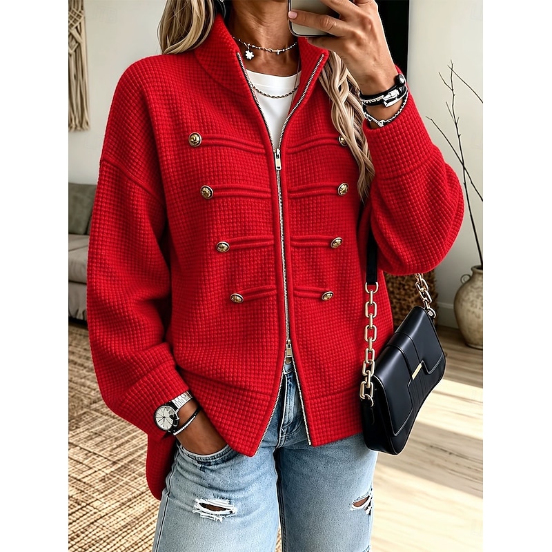 Women's Waffle Sweatshirts Textured Pullover Sweatshirt Zip Up Sweatshirts Zip Up Patchwork Buttons Plain Casual Long Sleeve V Neck Long Tops Casual H