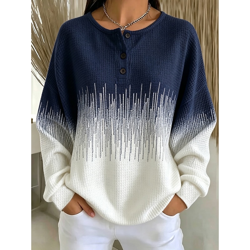 Women's Waffle Knit Tops Buttons Graphic Abstract Fashion Casual Print Long Sleeve Crew Neck Regular Tops Casual Blue Yellow Pink Navy Blue Light Brow