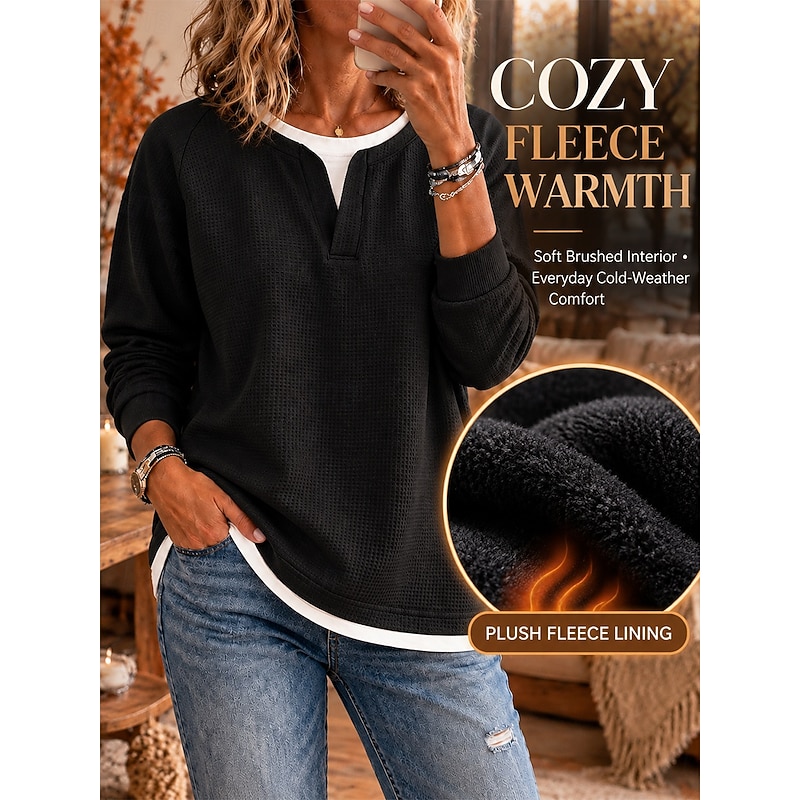 Women's Waffle Hoodies Waffle Sweatshirts Layered Top Fleece Keep Warm Patchwork Elegant Ethnic Romantic Long Sleeve V Neck Long Tops Comfortable Casu