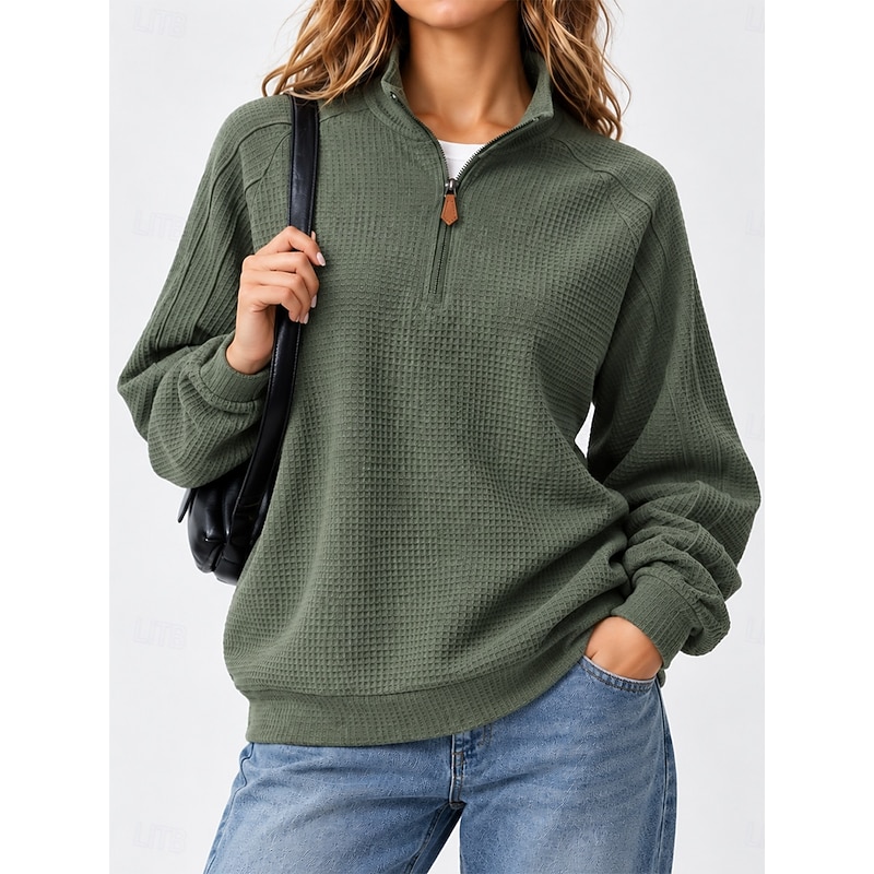 Women's Waffle Sweatshirts Textured Pullover Zip Up Moisture Wicking Sweatshirts Patchwork Plain Active Fashion Streetwear Long Sleeve V Neck Half Zip