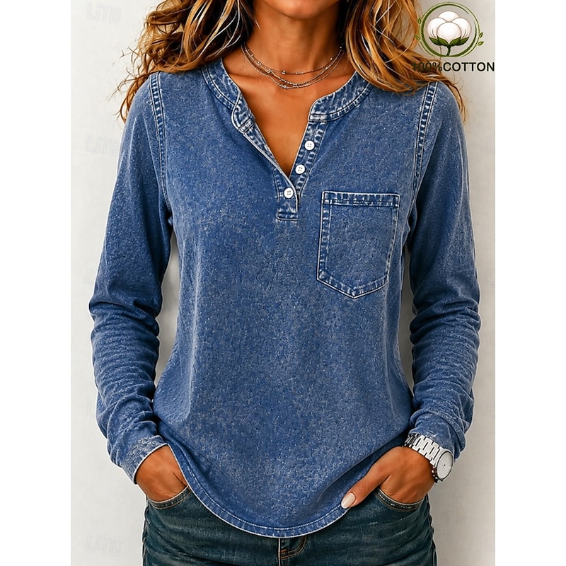 Women's Washed Cotton 100% Cotton Henley Shirt Solid Color Vintage Fashion Stylish Long Sleeve Crew Neck Long Tops Casual Beach Blue Purple Orange Spr