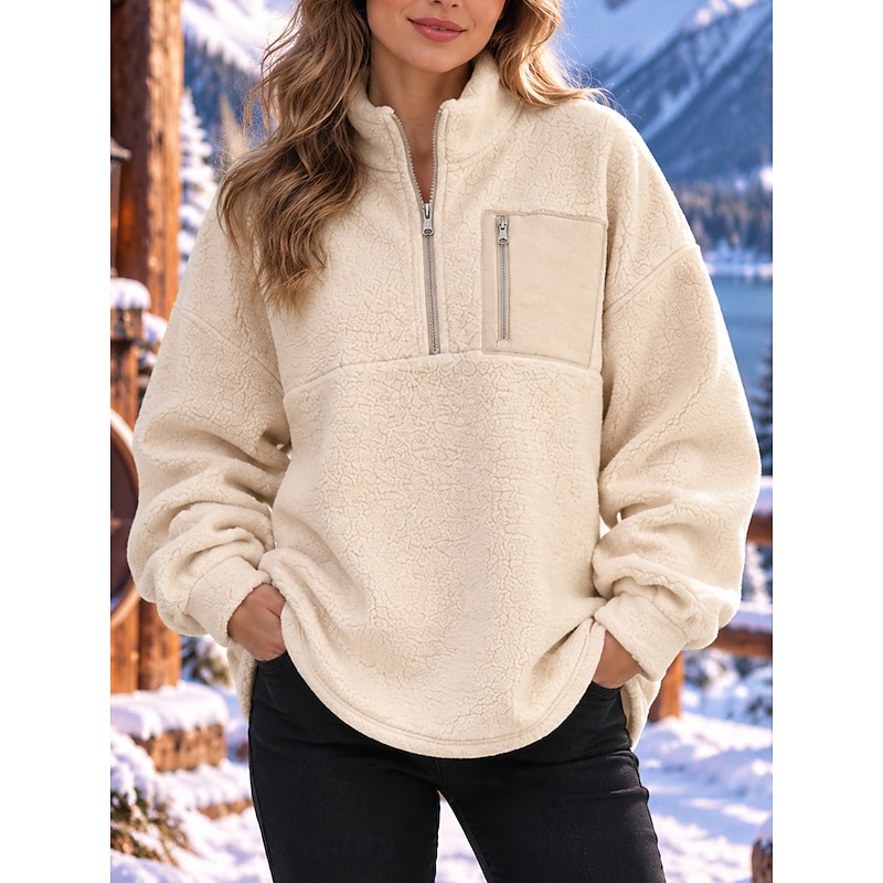 Lambswool Women's Sweatshirts Zipper Warm Casual Comfy Long Sleeve High Neck Half Zip Regular Tops Casual 2026 - $35.99