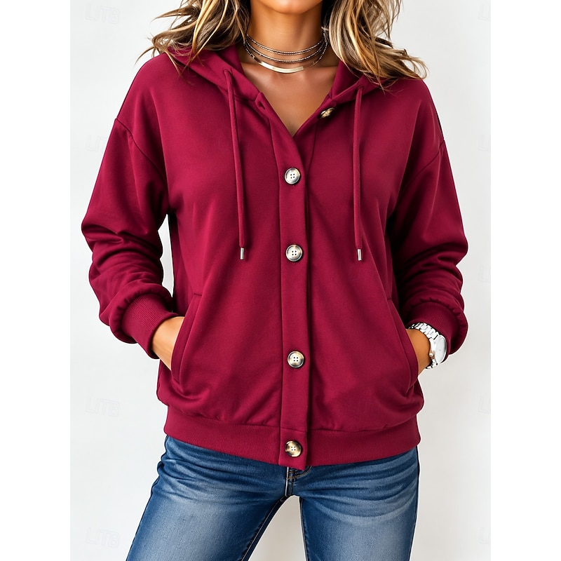 Women's Pullover Hoodie Sweatshirt Buttons Classic Modern Casual Long Sleeve Hooded Regular Tops Casual Holiday Going out claret Black khaki Grey Spri