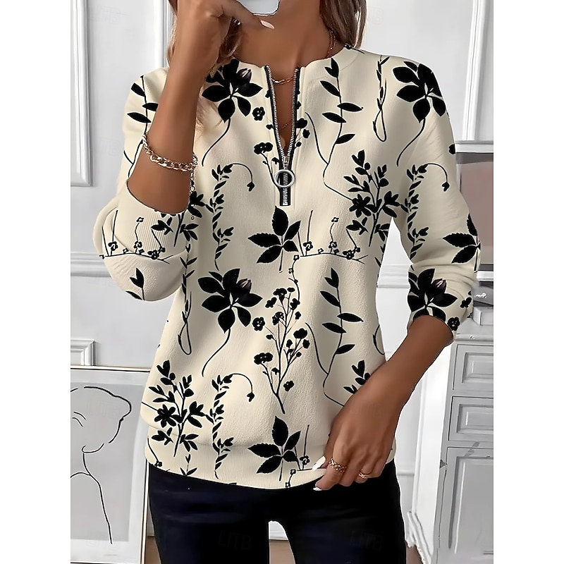 Women's Pullover Sweatshirt Zipper Print Floral Graphic Fashion Casual Long Sleeve Crew Neck Regular Tops Street Dailywear Purple Khaki Fall Winter 20