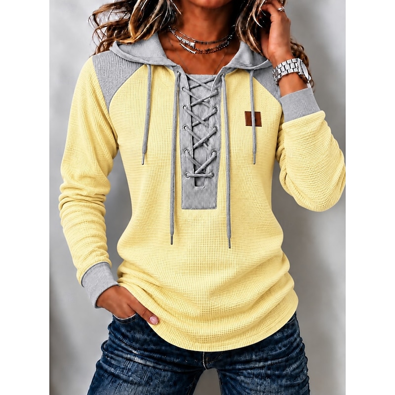 Women's Waffle Polo Shirts Drawstring Solid Color Bohemia Active Vacation Long Sleeve Hooded Regular Tops Casual Blue White Yellow Red Spring Fall Win