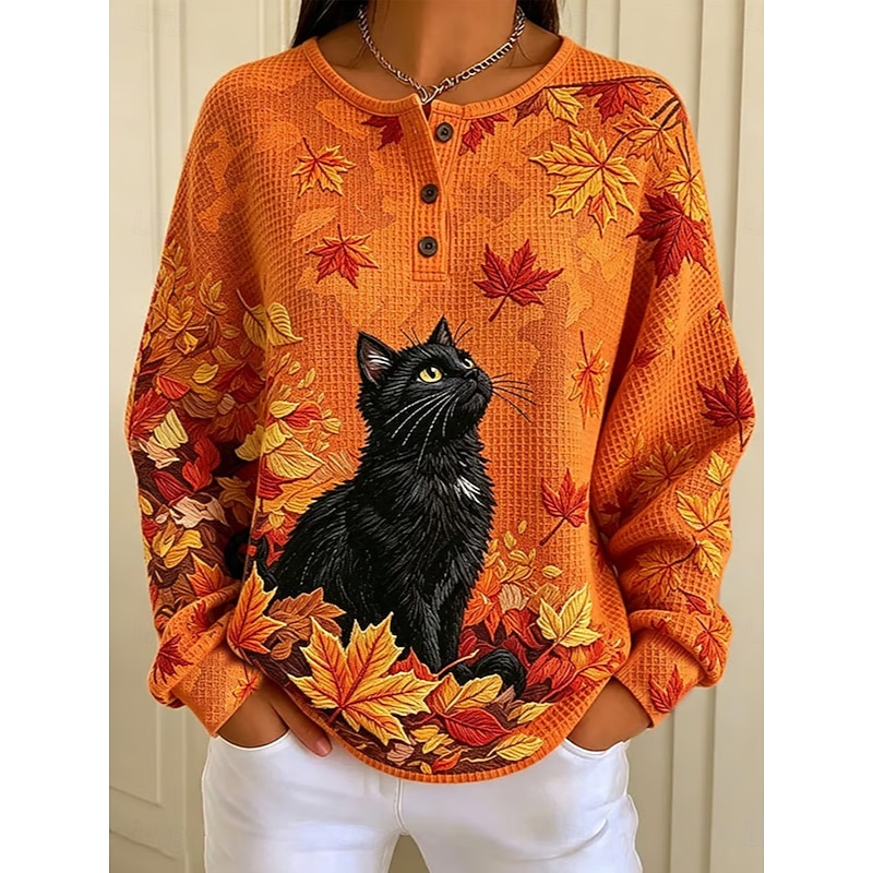 Women's Waffle Pullover Sweatshirt Knit Tops Buttons Graphic Abstract Fashion Casual Print Long Sleeve Crew Neck Regular Tops Casual Street Orange red