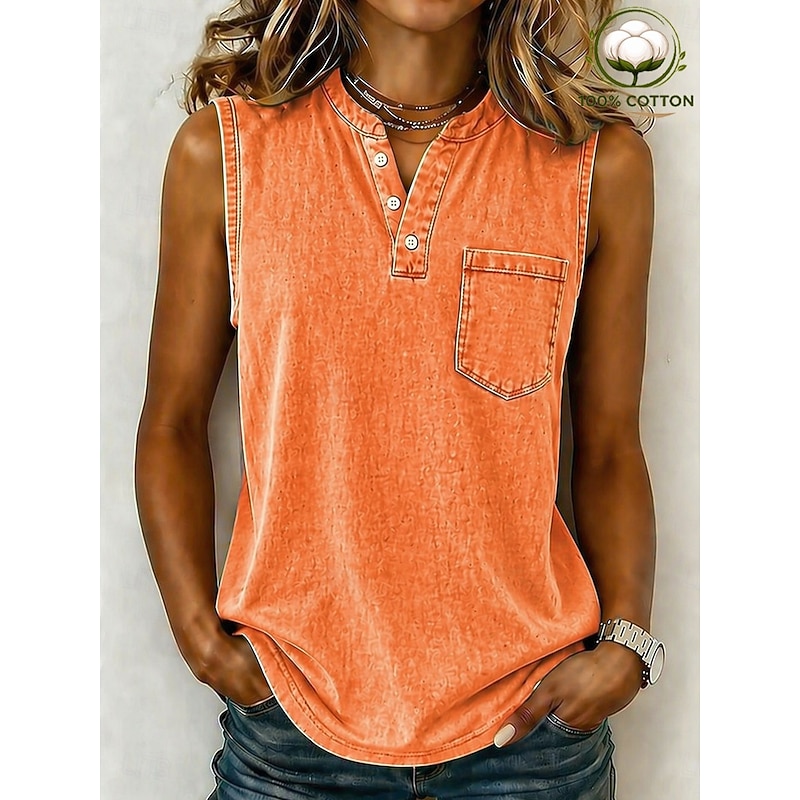 Women's Washed Cotton 100% Cotton Henley Shirt Washed Acid Wash Vintage Washed Vintage Fashion Stylish Sleeveless Raglan Sleeves Henley Long Tops Casu