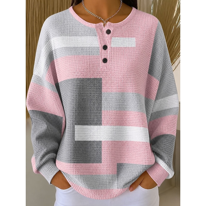 Women's Textured Pullover Sweatshirt Buttons Graphic Geometric Color Block Fashion Casual Print Long Sleeve Crew Neck Regular Tops Casual Street Blue