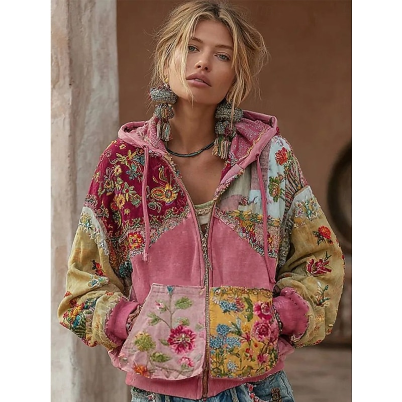Women's 3D Print Vintage Boho Hoodie Patchwork Hoodie Sweatshirt Floral Zip Up s  Vintage Fashion Casual Long Sleeve Hooded  Street Dailywear Casual P