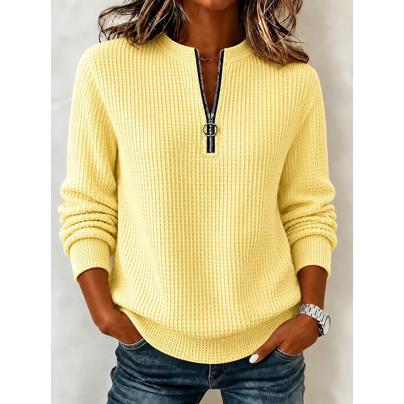 Women's Waffle Polo Shirts Solid Color Bohemia Active Vacation Long Sleeve Crew Neck High Neck Long Tops Casual Daily Holiday Blue Yellow Red Sky Blue