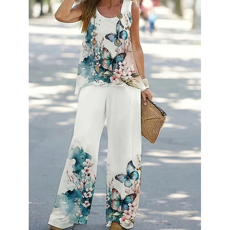 Butterfly Floral Sleeveless Vacation Pants Set