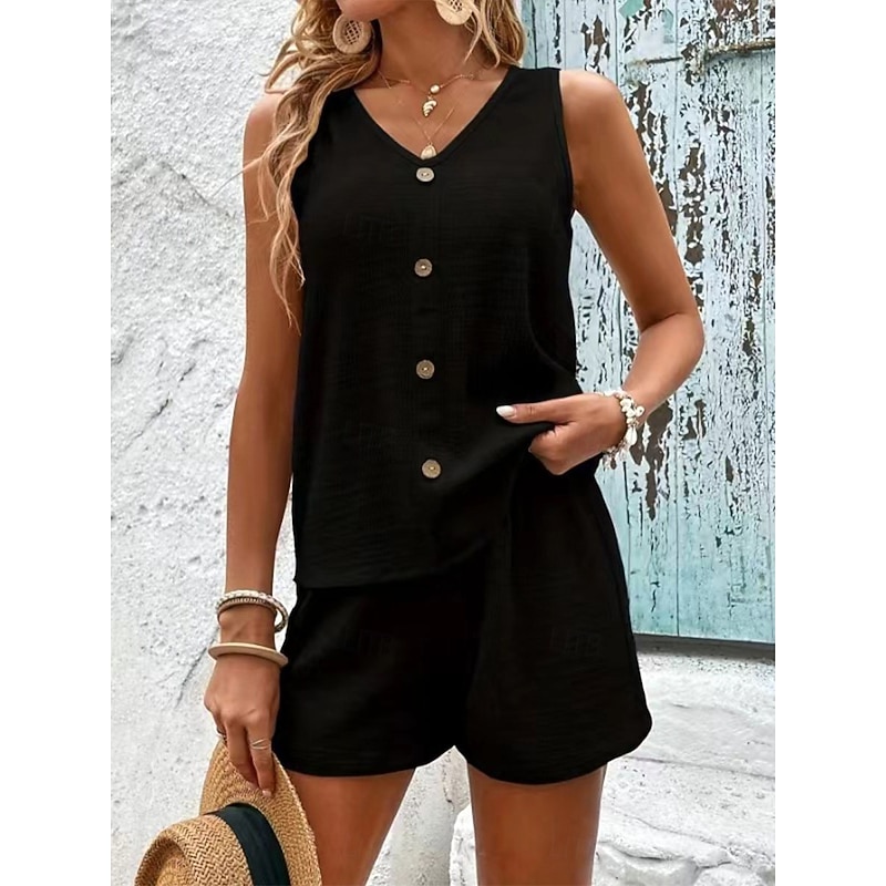 Plain V-Neck Sleeveless Casual Shorts Set