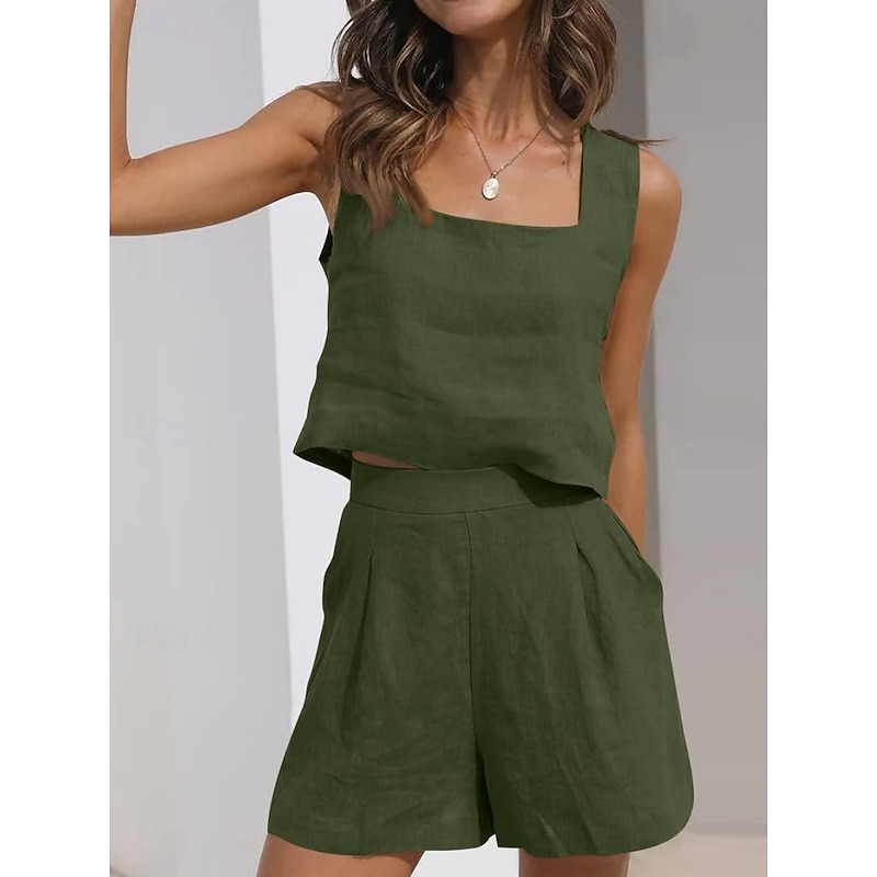 Square Neck Sleeveless Casual Shorts Set