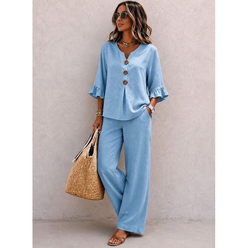 Solid V-Neck Half Sleeve Casual Pants Set