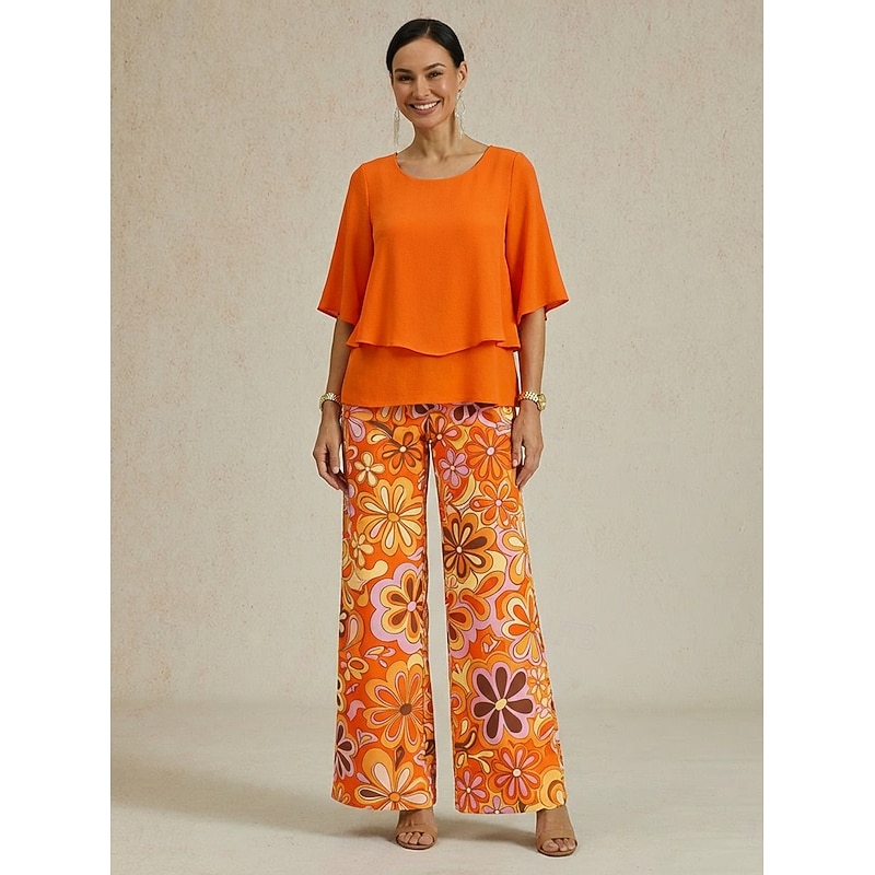 Floral Chiffon Wide-Leg Pants Set