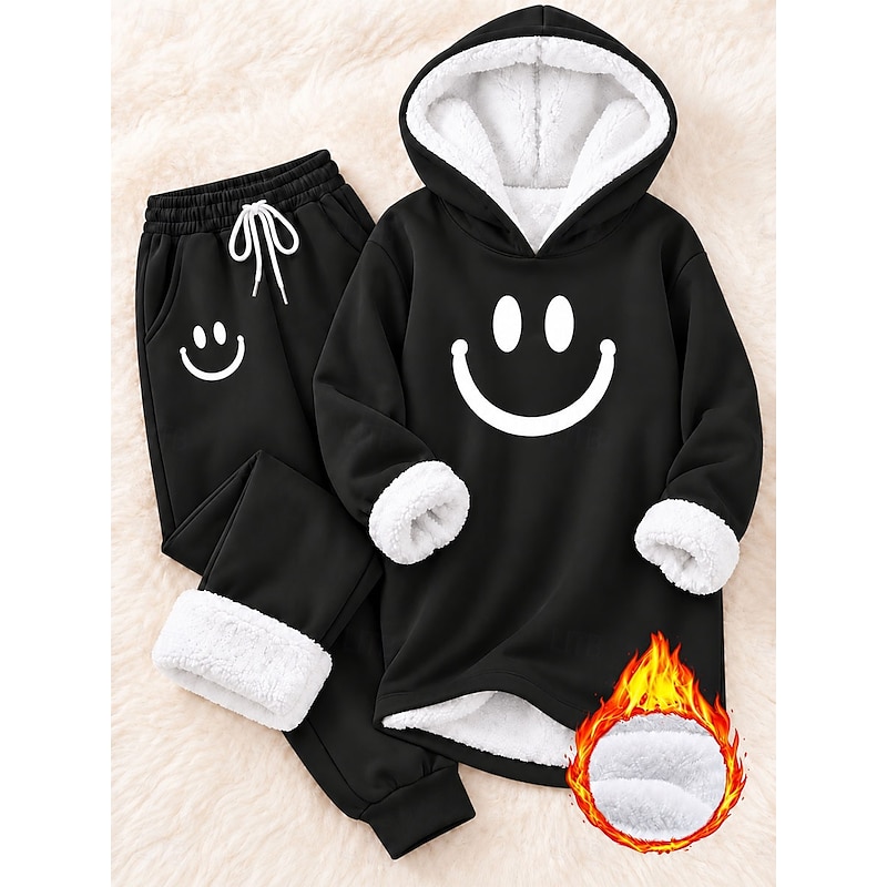 Letter Print Drawstring Hooded Tracksuit Set (Navy)