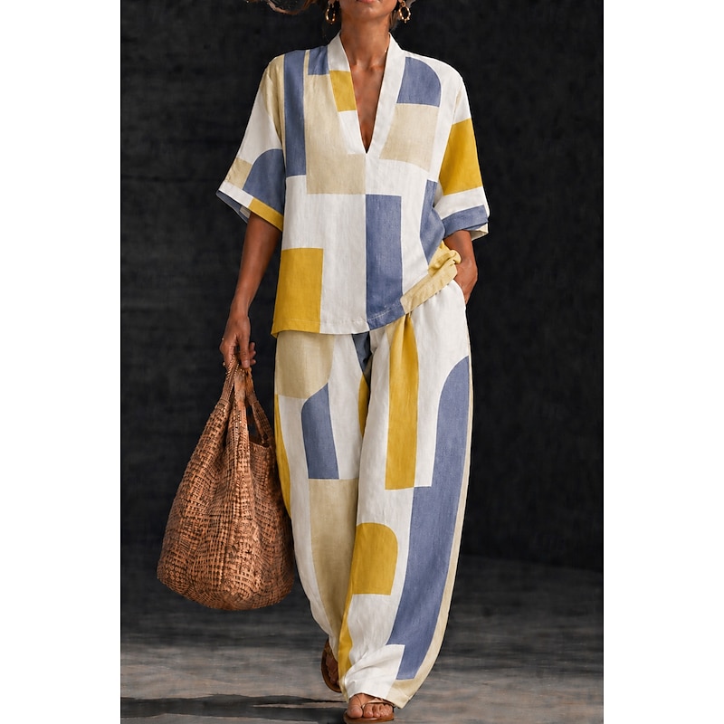Geometric V-Neck Cotton Linen Shirt & Pants Set