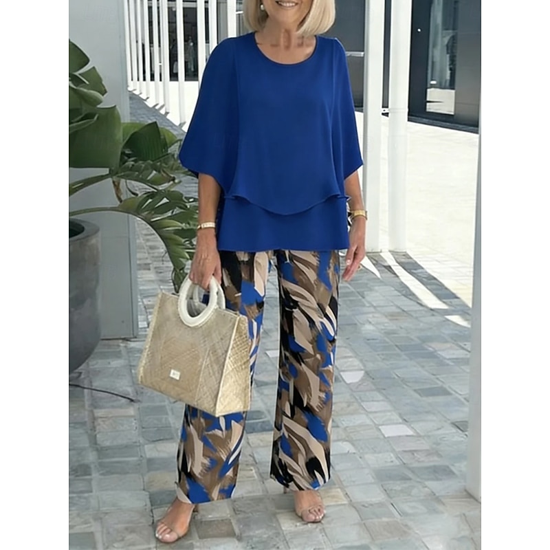 Geometric Ruffle Butterfly Sleeve Vacation Pants Set