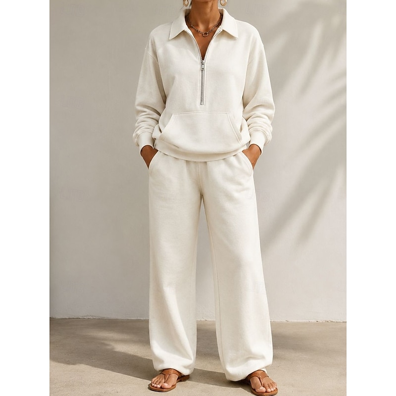 Zipper V-Neck Casual Vacation Pants Set