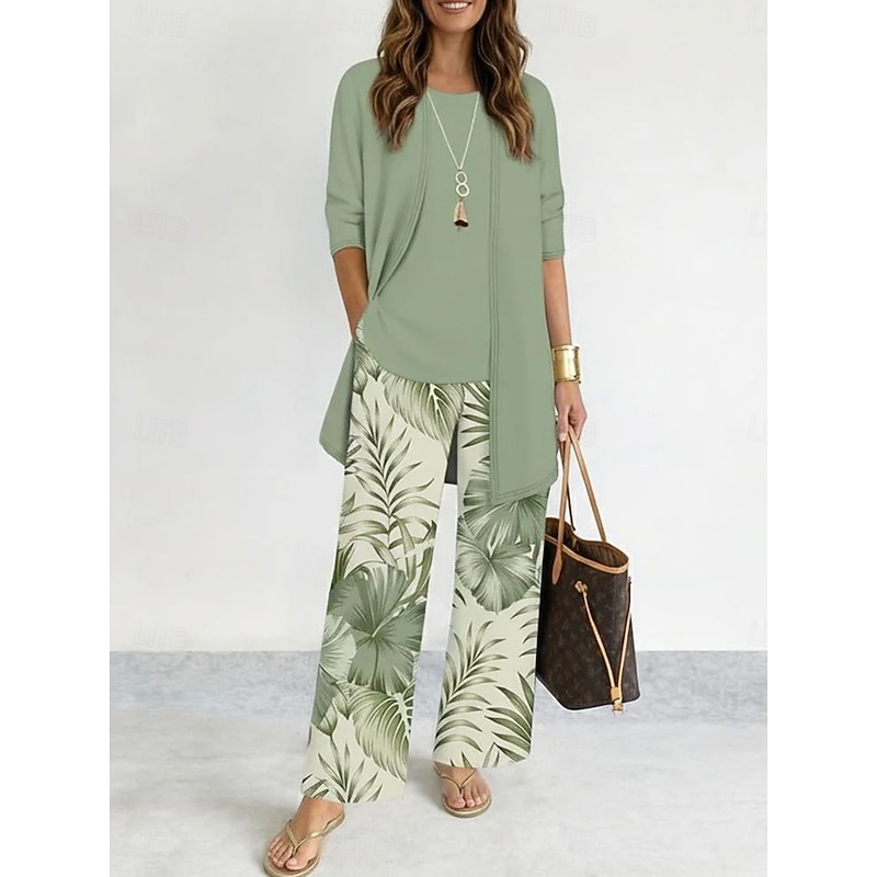 Leaves Print Tank Top & Long Pants Set