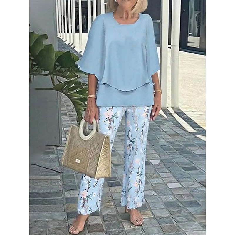Floral Butterfly Sleeve Ruffle Beach Pants Set