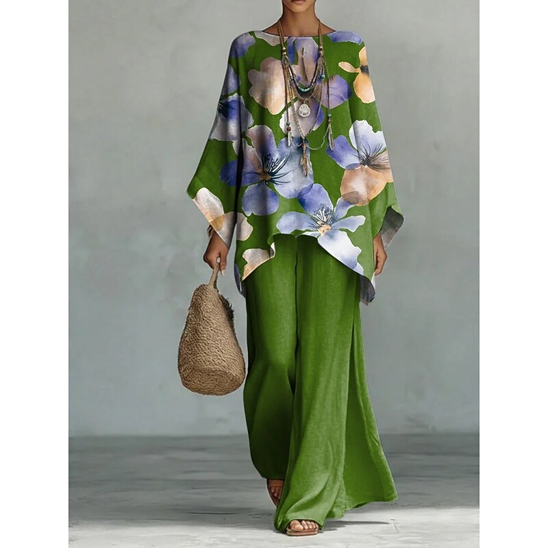 Floral Bell Sleeve Cotton Linen Pants Set