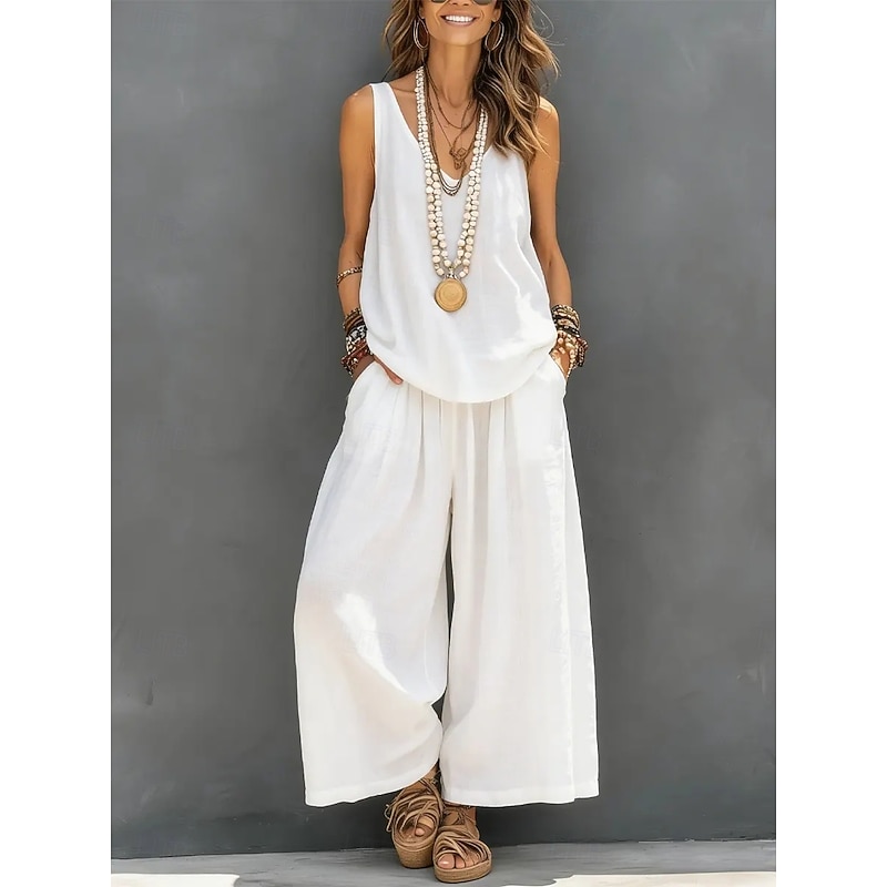 Solid V-Neck Sleeveless Casual Pants Set