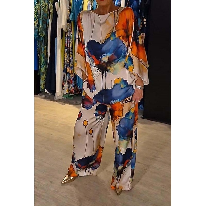 Floral Print 3/4 Sleeve Vacation Pants Set