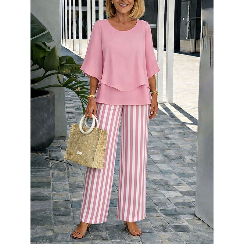 Butterfly Sleeve Striped Vacation Pants Set
