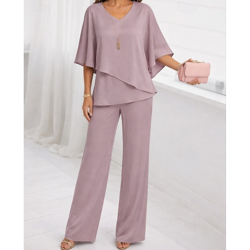 Ruffled V-Neck Blouse & Wide-Leg Pants Set